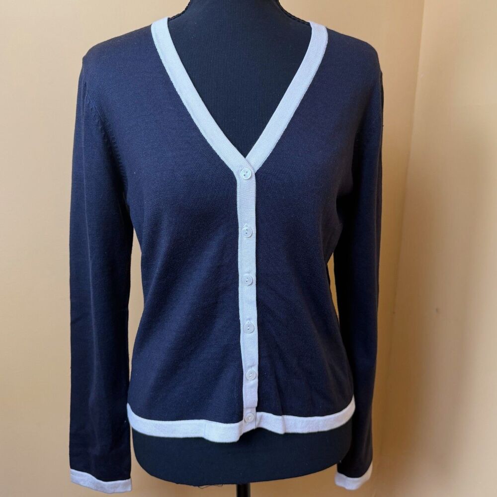 Y2K Ann Taylor Silk Blend Cardigan Sweater Black Trim V-Neck S Preppy Minimalist